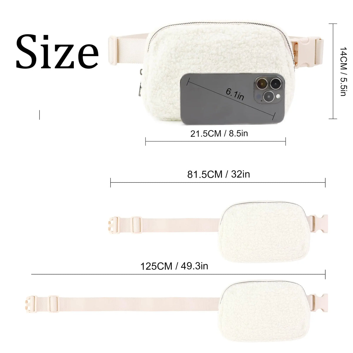 Ivory fleece crossbody belt bag shown with various size options and a smartphone display.