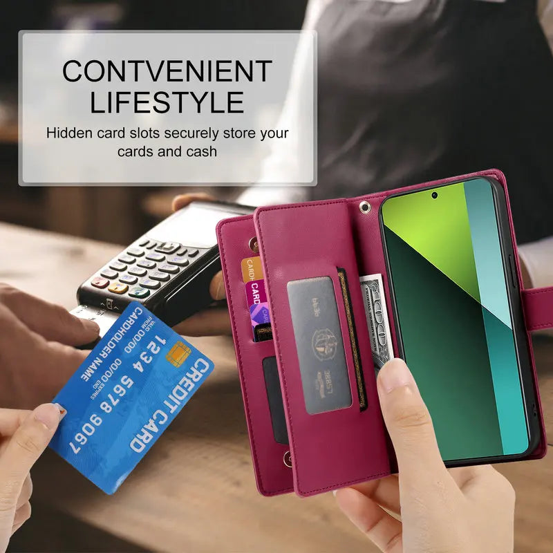 A person holds a pink leather card case with hidden slots and an iPhone, demonstrating secure storage.