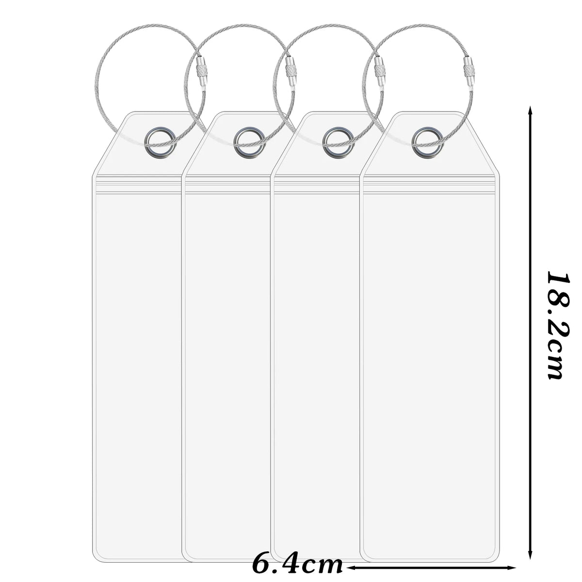 A set of three durable luggage tags with steel rings, shown in a side view.