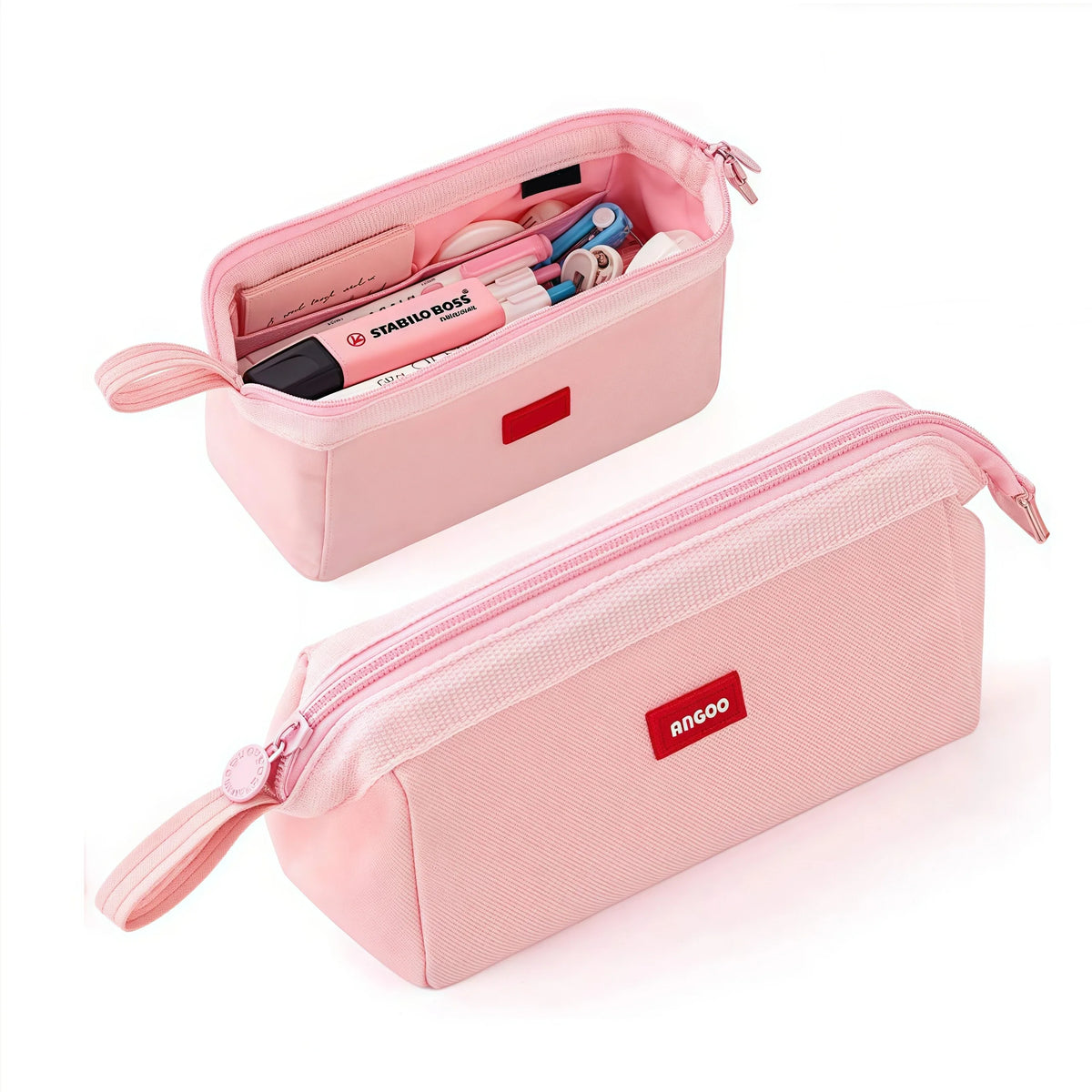 Pink minimalist large capacity pencil case with a label holder and various stationery items inside