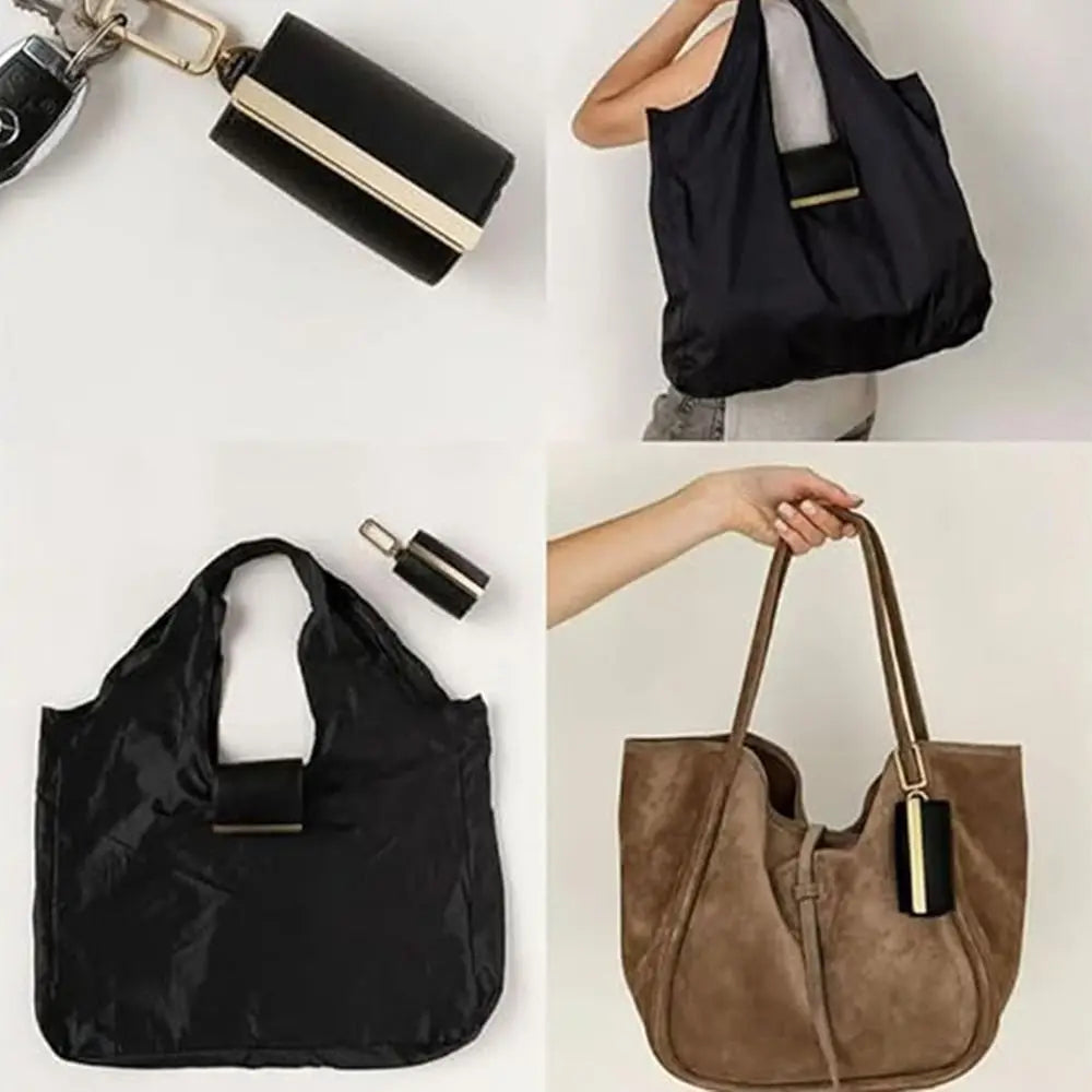 A black foldable mini keychain tote bag is shown in various views, including a hanging version and a brown leather version.