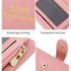 Pink PU leather passport wallet showing brand logo printing, a transparent card slot, a smooth zipper, and a convenient snap 