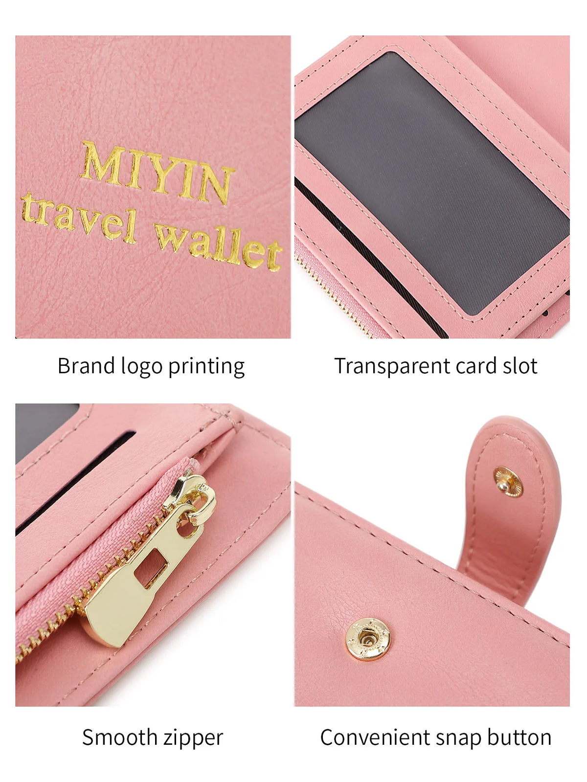 Pink PU leather passport wallet showing brand logo printing, a transparent card slot, a smooth zipper, and a convenient snap 