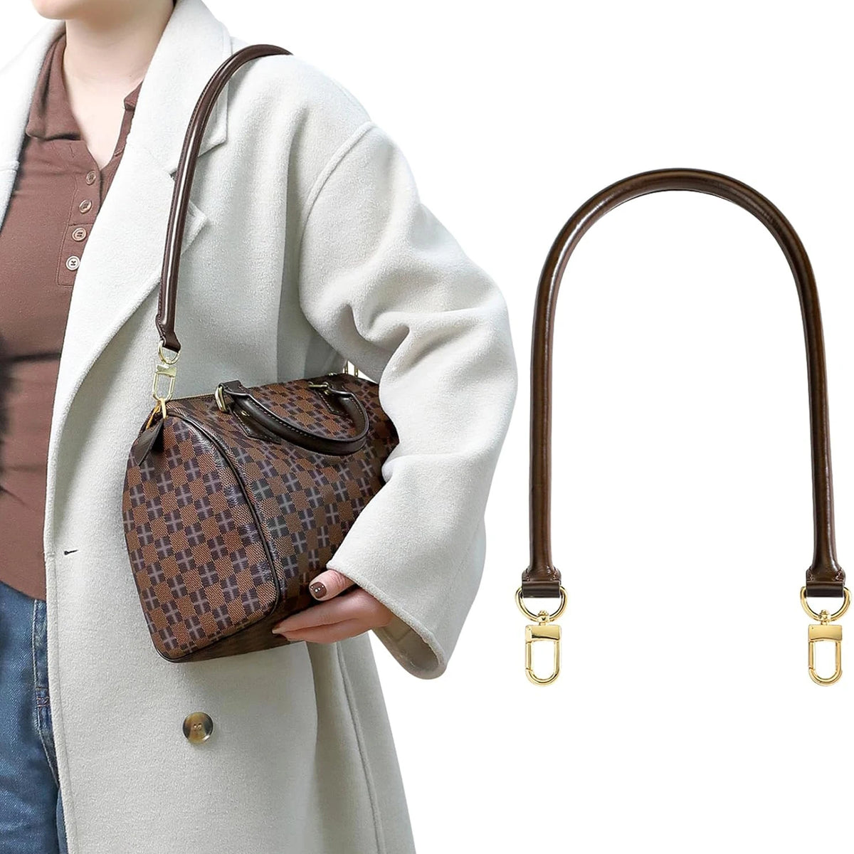 A brown patterned leather handbag with a long brown leather strap is held in a person's hand.