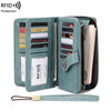 A teal RFID protection multi-card wallet with a leather wrist strap is shown open displaying various cards.