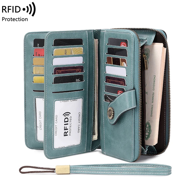 A teal RFID protection multi-card wallet with a leather wrist strap is shown open displaying various cards.