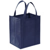 A navy blue reusable eco-friendly tote bag with handles, shown from the front.