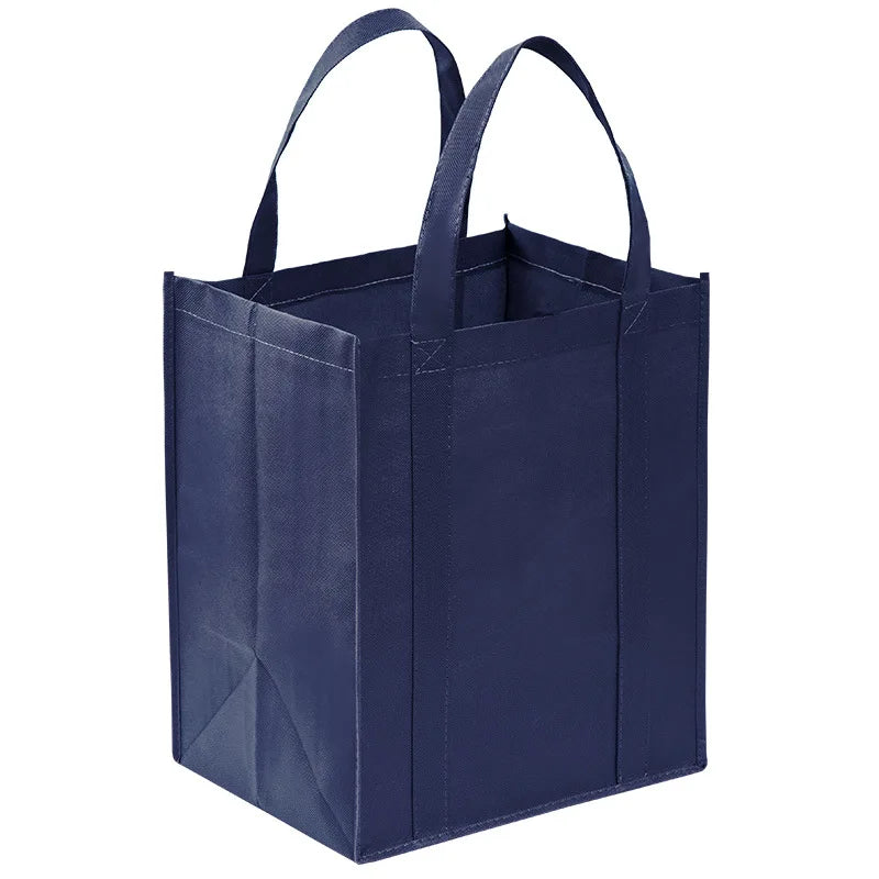 A navy blue reusable eco-friendly tote bag with handles, shown from the front.