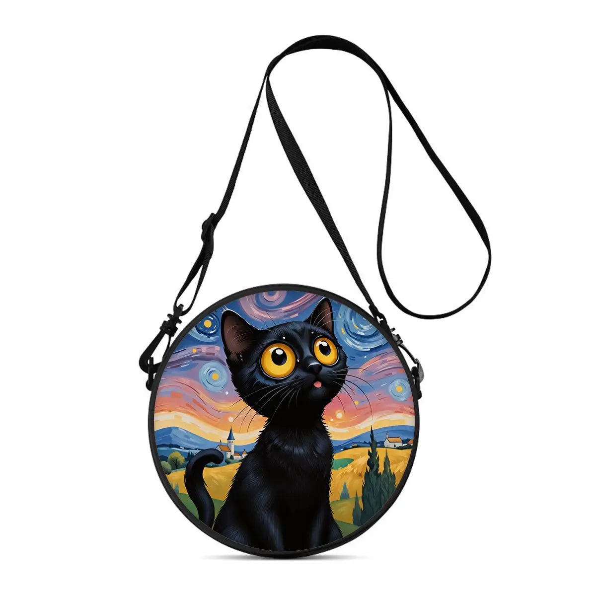 A black cartoon cat round crossbody bag with a colorful sunset landscape design.