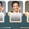 Three models of an LED lighted makeup train case showing different makeup looks.