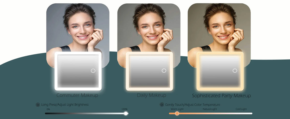 Three models of an LED lighted makeup train case showing different makeup looks.