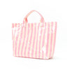 A pink and cream striped canvas tote bag with a handle.
