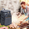 A man prepares food on a grill outdoors while a dark blue insulated thermal cooler backpack is visible.