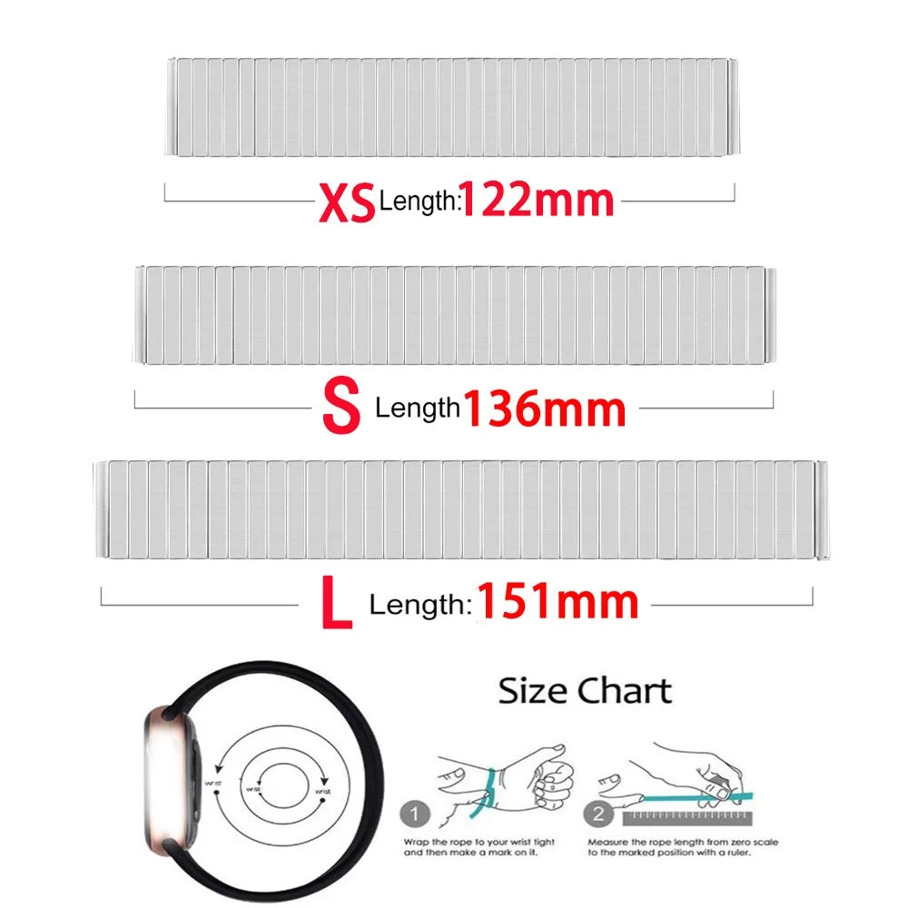 A chart showing three sizes of stainless steel expansion watch bands labeled XS, S, and L with corresponding lengths.