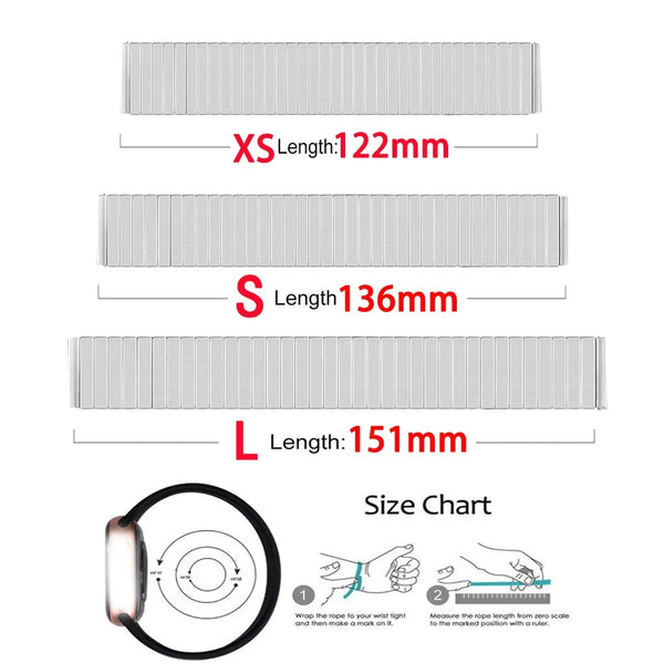 A chart showing three sizes of stainless steel expansion watch bands labeled XS, S, and L with corresponding lengths.