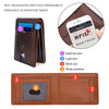 A brown genuine leather wallet showing internal RFID blocking features and an external card being read by a reader.