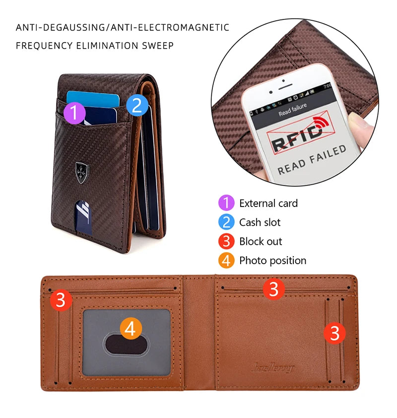 A brown genuine leather wallet showing internal RFID blocking features and an external card being read by a reader.