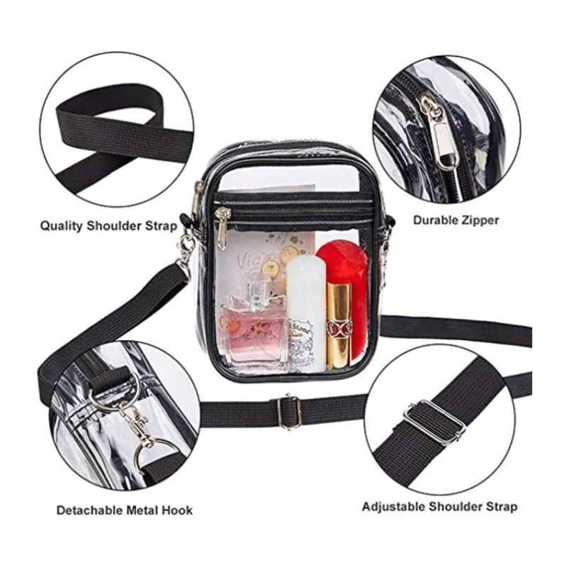 Clear transparent crossbody bag with black adjustable strap and durable zipper details