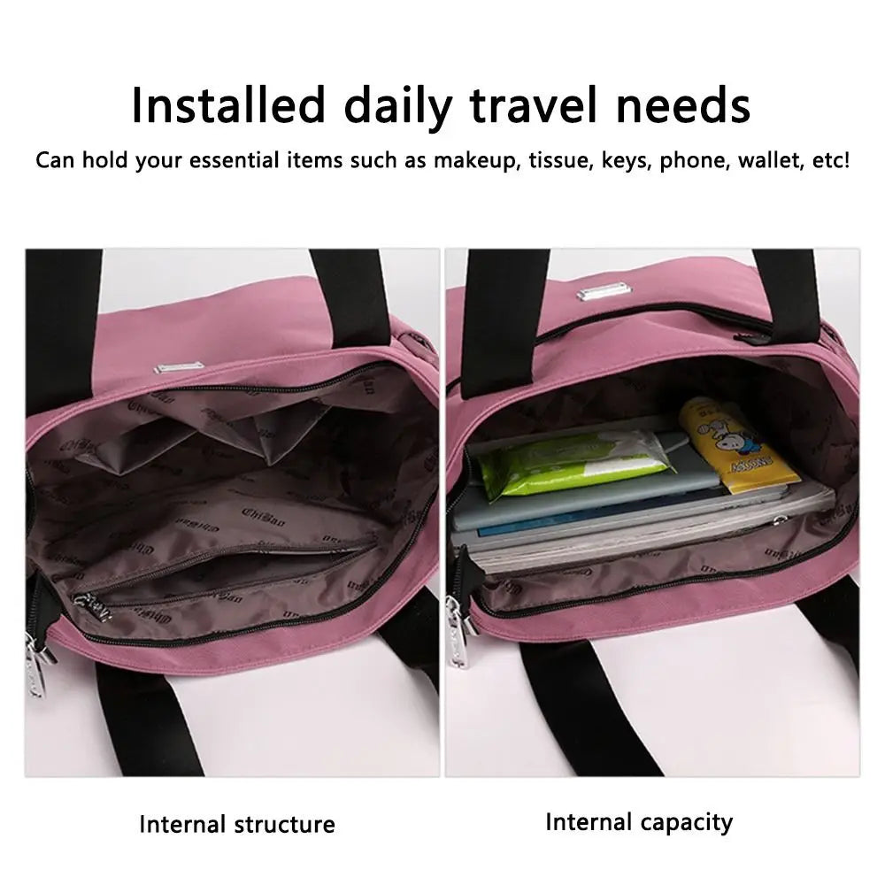 Pink nylon shoulder tote bag showing internal structure and capacity with various items inside