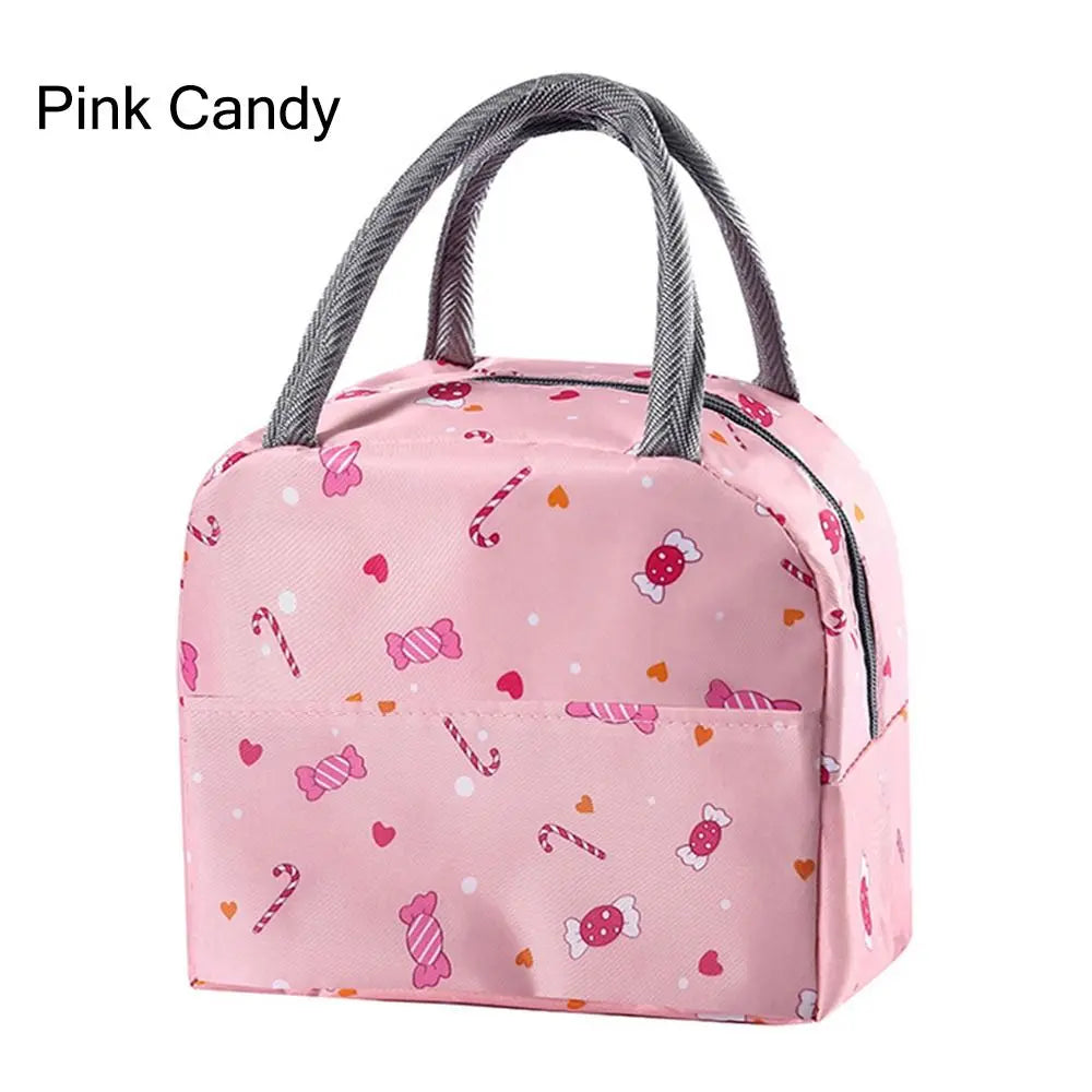 Sac à lunch en tissu Oxford rose avec poignée grise
