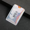 A close-up of a silver anti-RFID blocking card holder, showing the RF protection symbol.