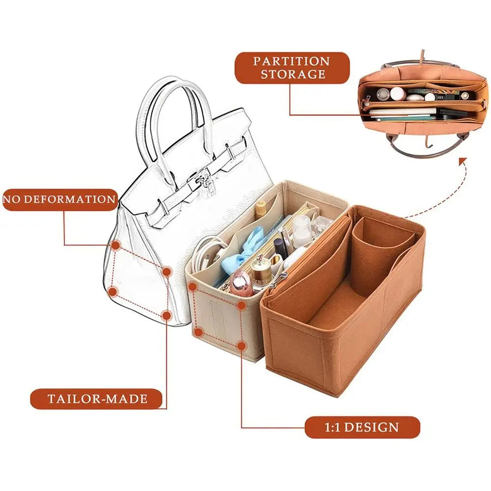 A white felt bag organizer insert with multiple compartments and a handle, shown next to a brown storage box.