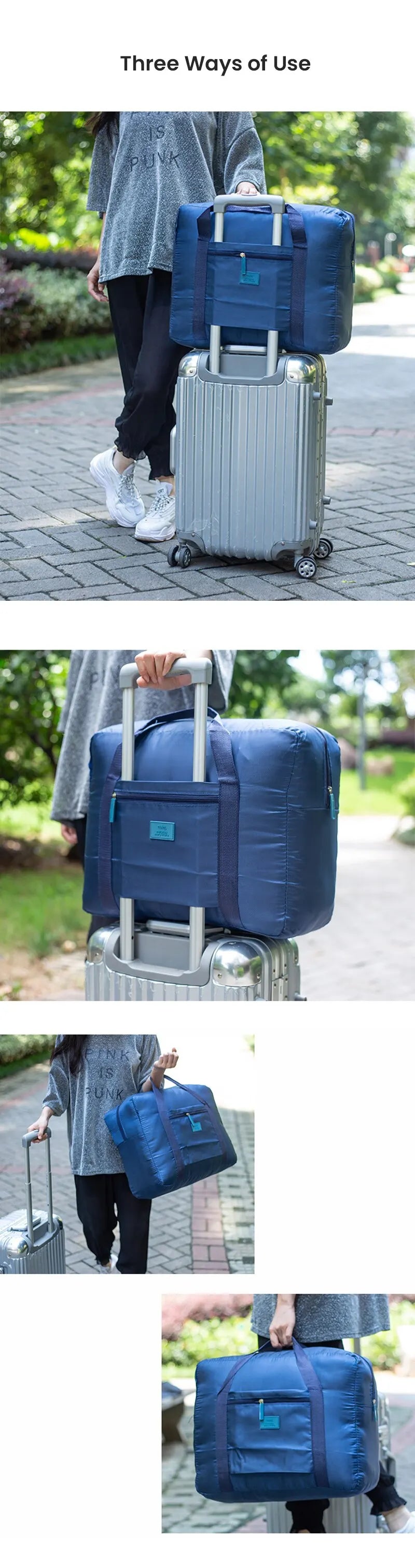A blue foldable travel duffel bag is shown being carried by a person outdoors.