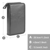 Gray storage wallet case with measurements for dimensions A, B, and C