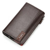 A dark brown leather business handbag clip wallet shown from above.