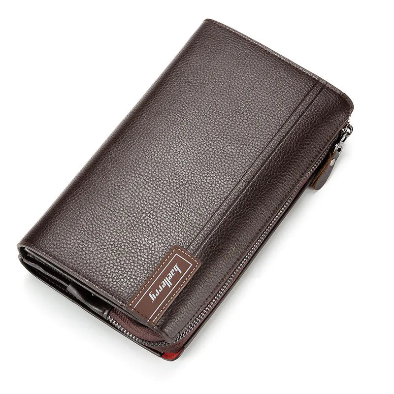 A dark brown leather business handbag clip wallet shown from above.