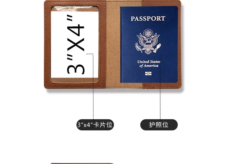 Brown PU leather passport holder with slots for a 3x4 photo and a passport.