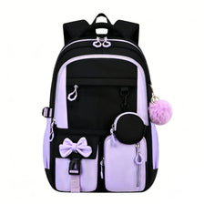 A black and light purple preppy style school backpack for girls with pink accents.