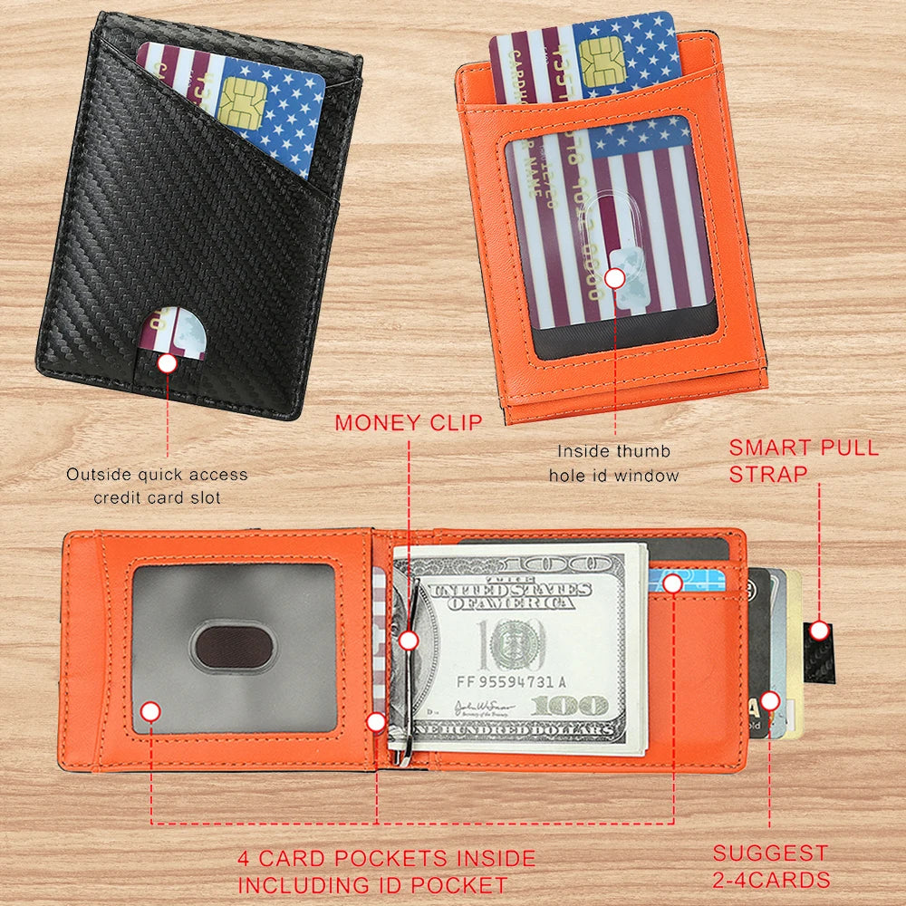 Portefeuille orange bi-pli avec plusieurs emplacements pour cartes et une poche pour pièce d'identité, à côté d'un portefeuil