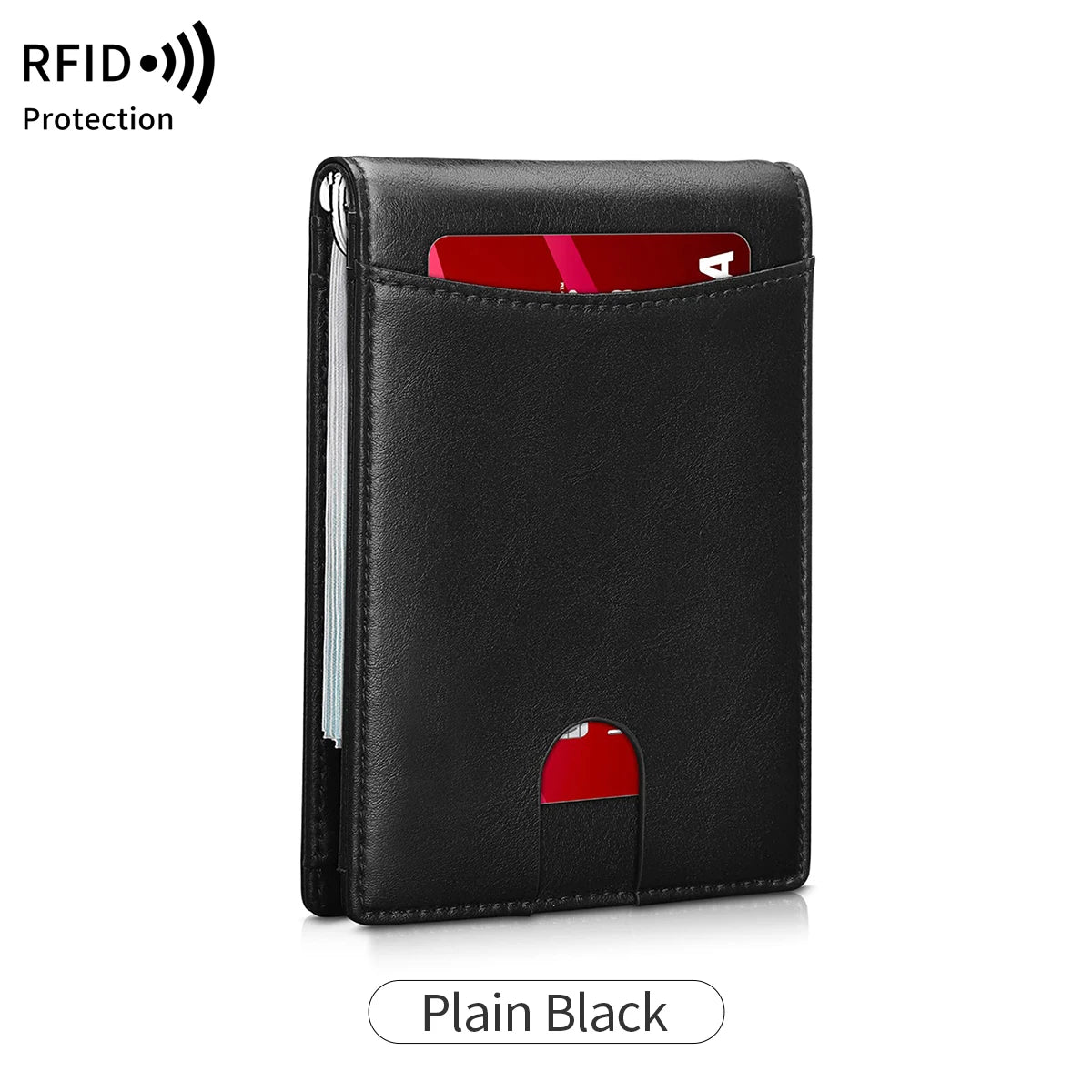 A plain black RFID protection wallet with a red accent, shown in a vertical view.