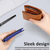 A brown leather bifold wallet is shown next to a black pen and a hand, highlighting its sleek design.