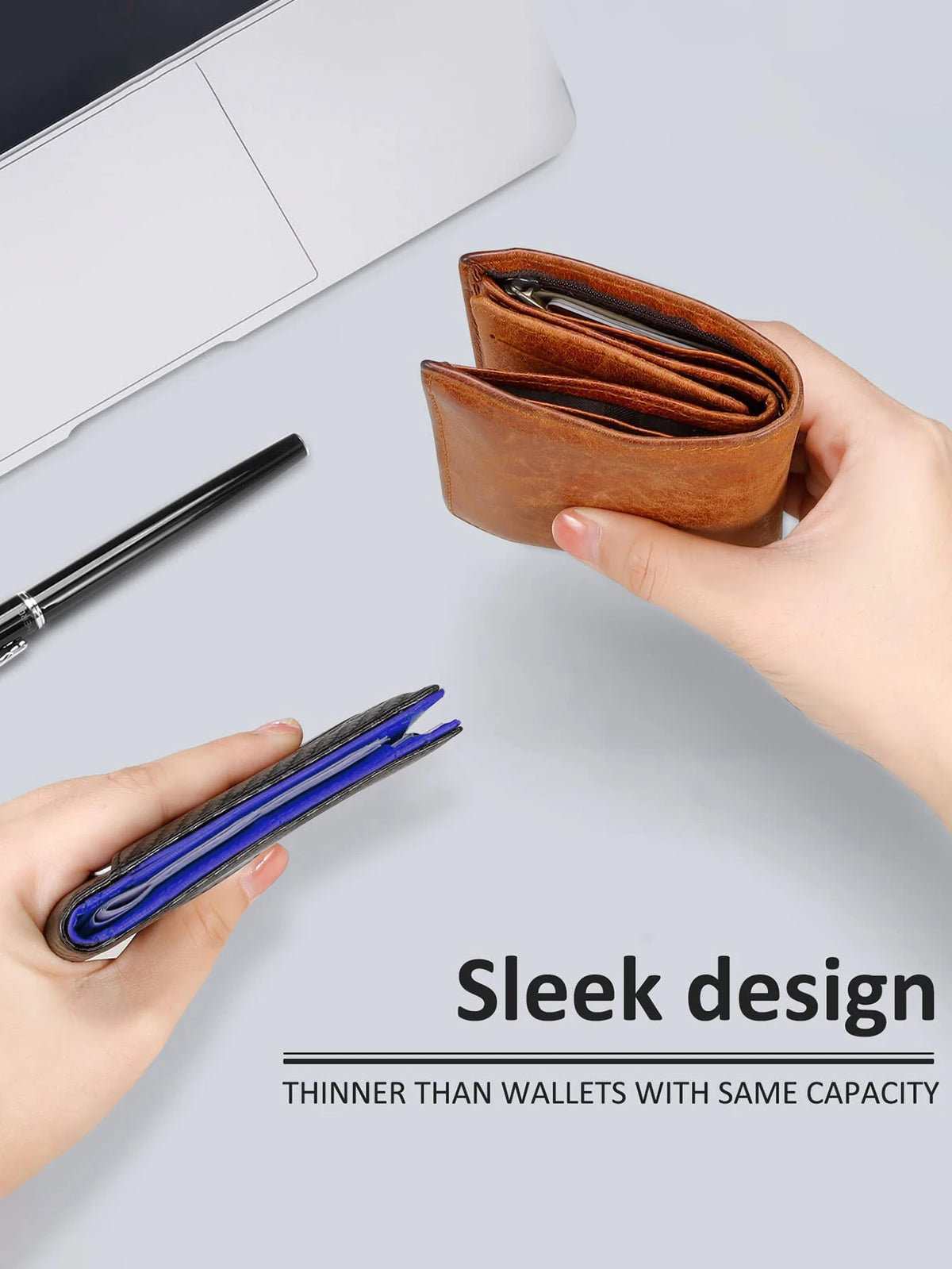 A brown leather bifold wallet is shown next to a black pen and a hand, highlighting its sleek design.