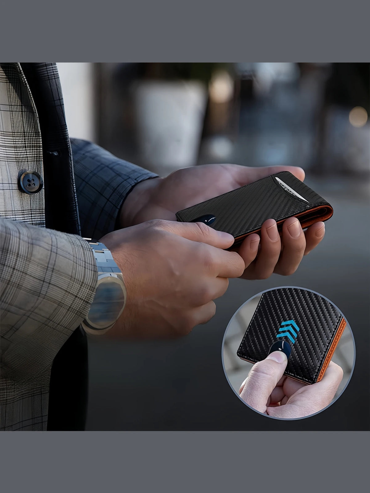 A hand holds a black carbon fiber microfiber wallet with an orange accent, shown against a blurred background.
