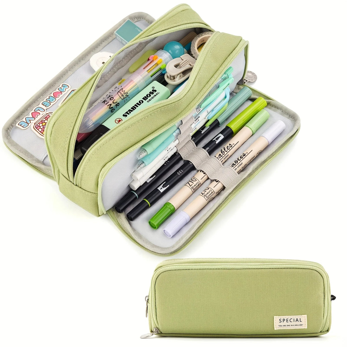 A light green pencil case is open, showing various colored pencils and stationery inside.