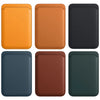 A set of six leather wallet cases in orange, brown, black, navy blue, maroon, and dark green.