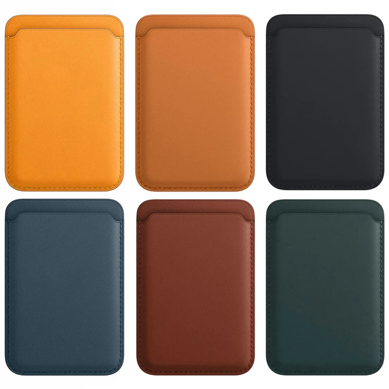 A set of six leather wallet cases in orange, brown, black, navy blue, maroon, and dark green.
