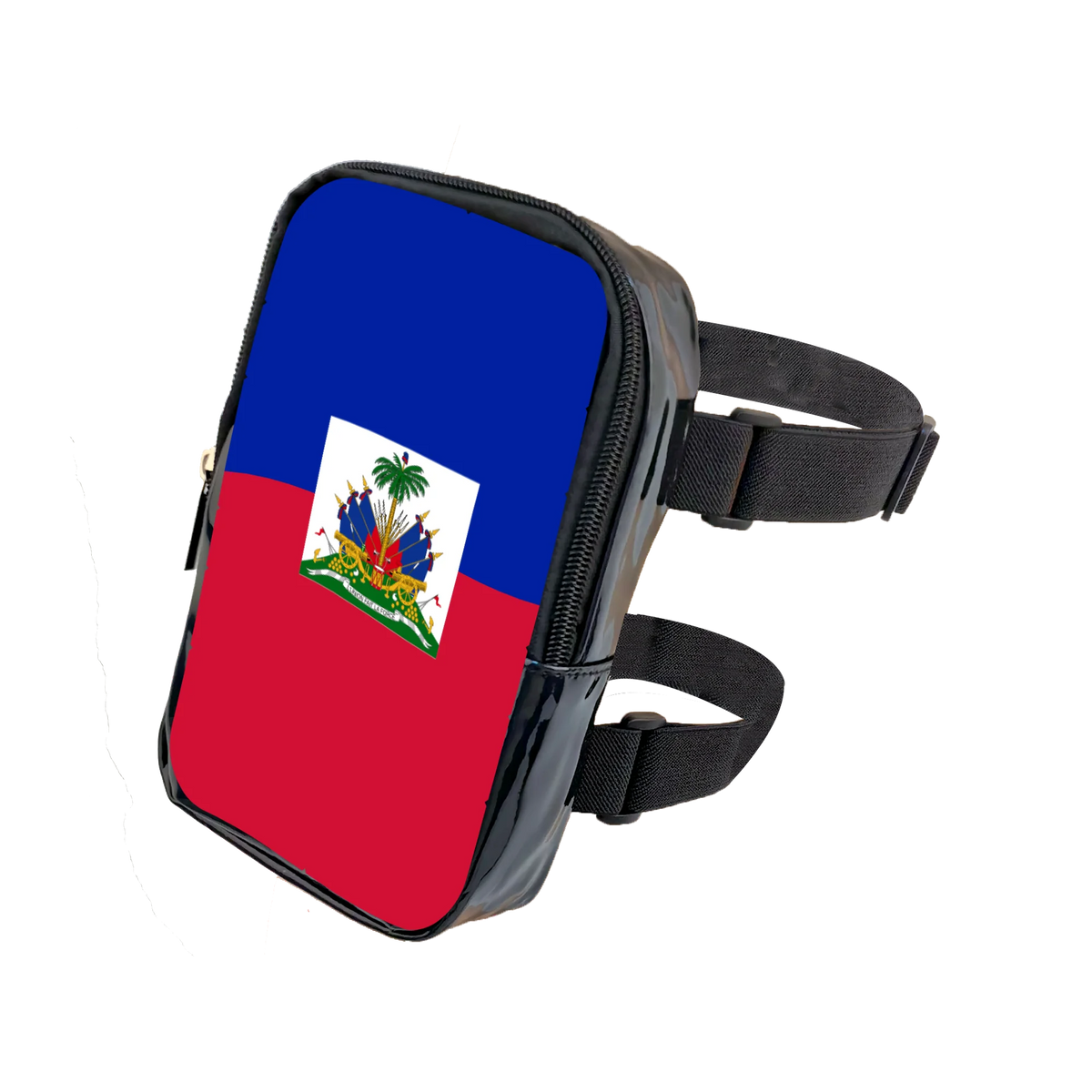 A black adjustable PU waist pouch featuring the flag of Puerto Rico on a blue background.