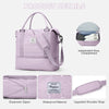Maleta de viaje lavanda con compartimento para zapatos independiente, mostrando detalles como la cremallera expansora y a pru
