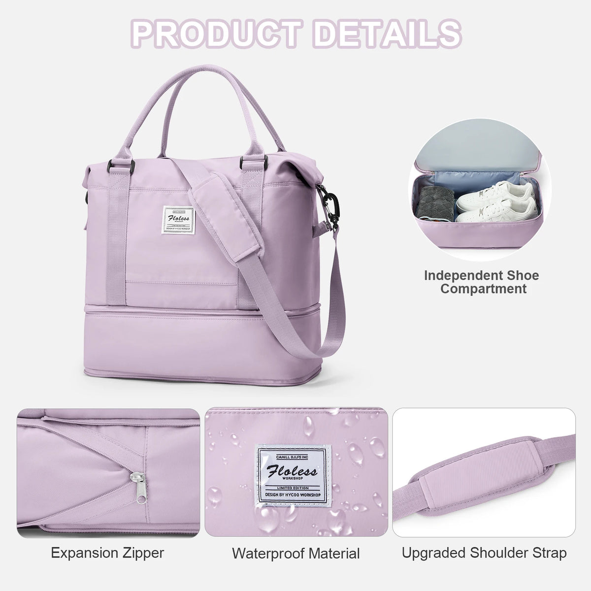 Maleta de viaje lavanda con compartimento para zapatos independiente, mostrando detalles como la cremallera expansora y a pru