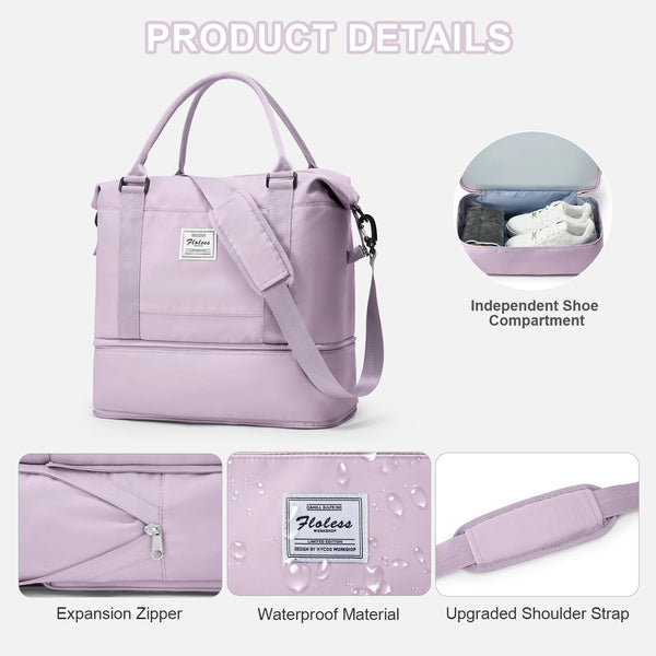 A lavender travel duffle bag featuring an independent shoe compartment, showing details like the expansion zipper and waterpr