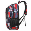 A black and red patterned backpack with a black strap, designed for laptop and daily carry.
