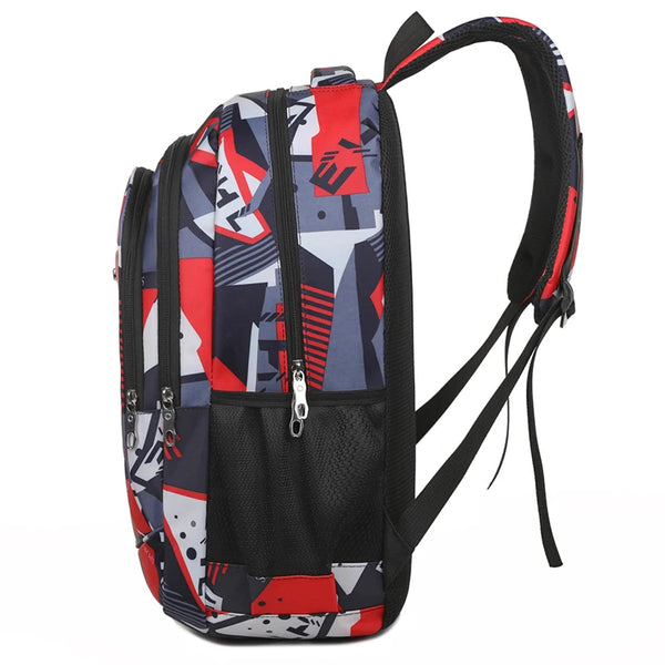 A black and red patterned backpack with a black strap, designed for laptop and daily carry.