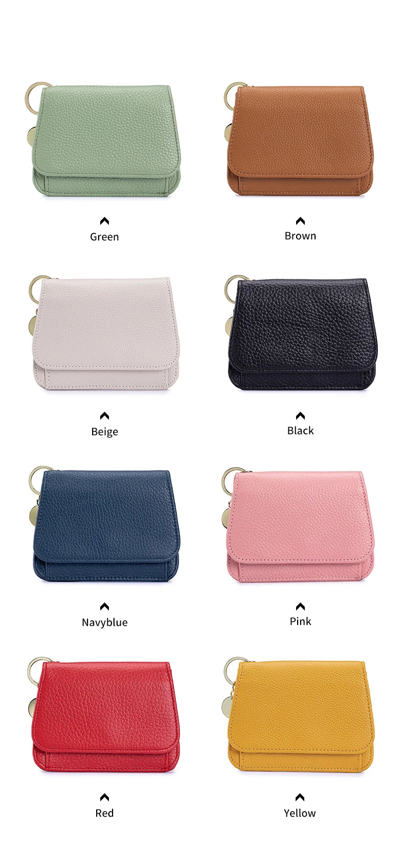 A collection of genuine leather slim tri-fold wallets in various colors including green, brown, beige, black, navy blue, pink