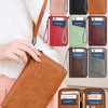 A brown leather wallet is shown being held, with several passport holders visible, demonstrating RFID protection.
