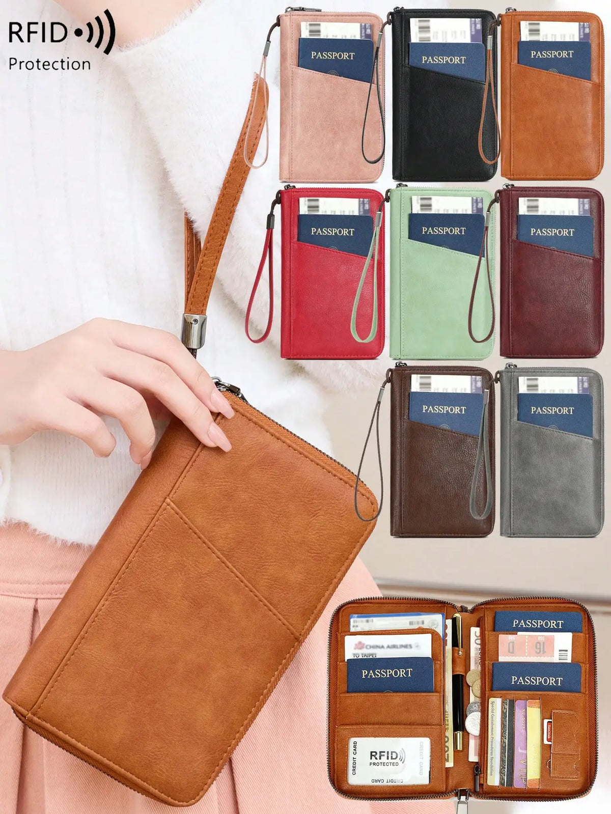 A brown leather wallet is shown being held, with several passport holders visible, demonstrating RFID protection.