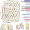 A beige quilted floral bible cover with a zippered pocket and pen holder, shown alongside various colored pens.